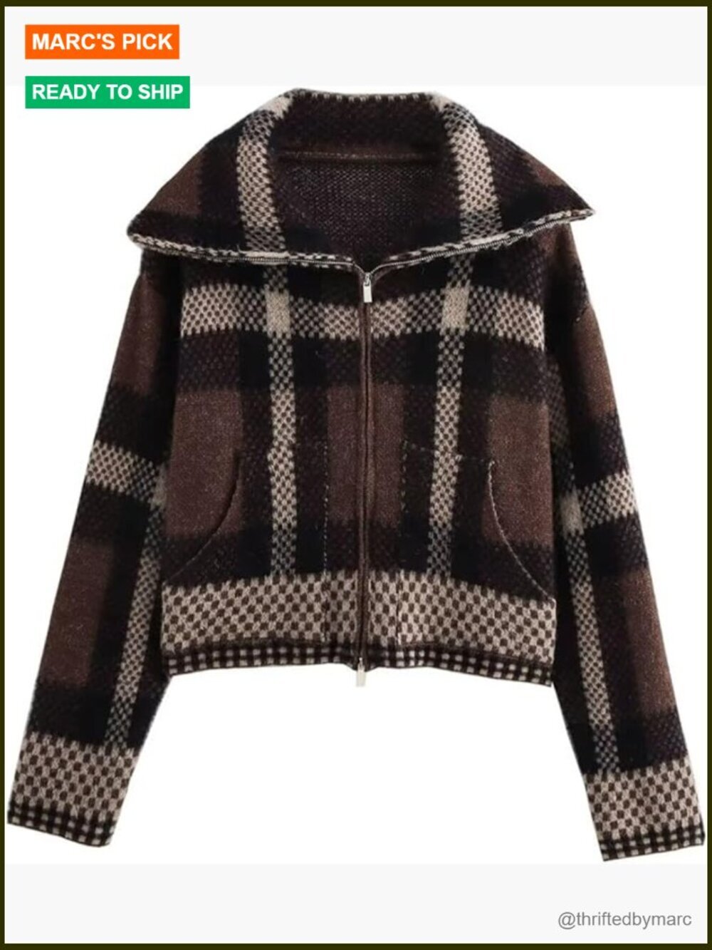 Checkered Lapel Collar Long Sleeve Zip Up Cardigan Sweater Knit Jacket